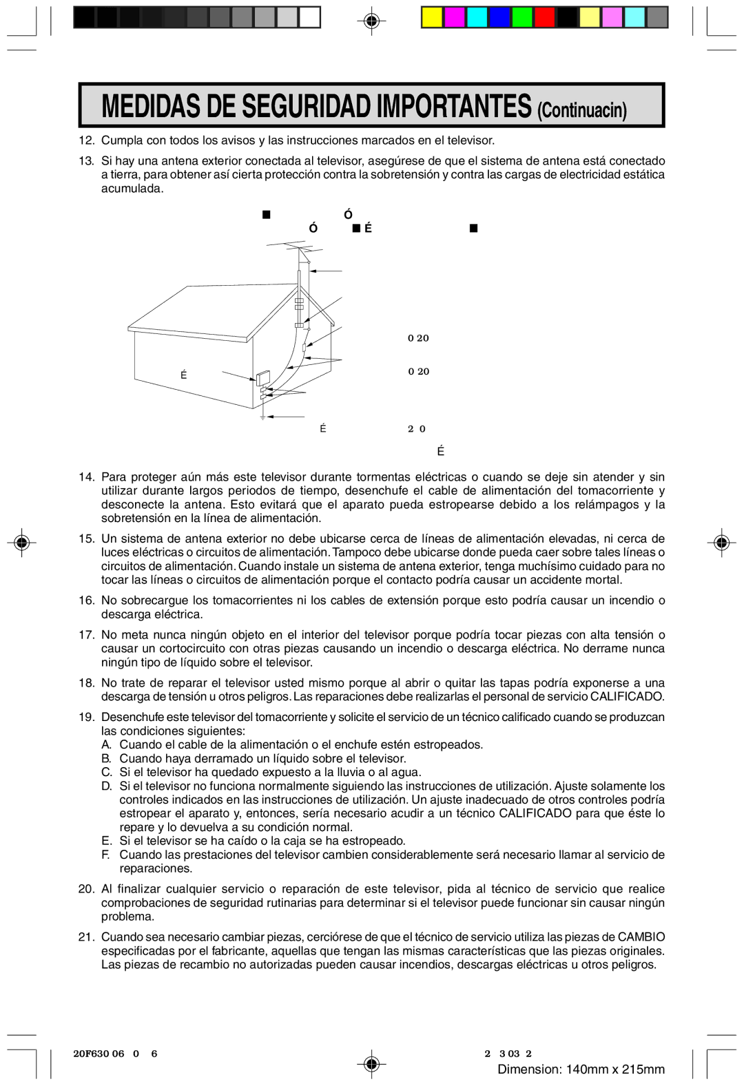 Sharp 20F630 L operation manual Medidas DE Seguridad Importantes Continuación 