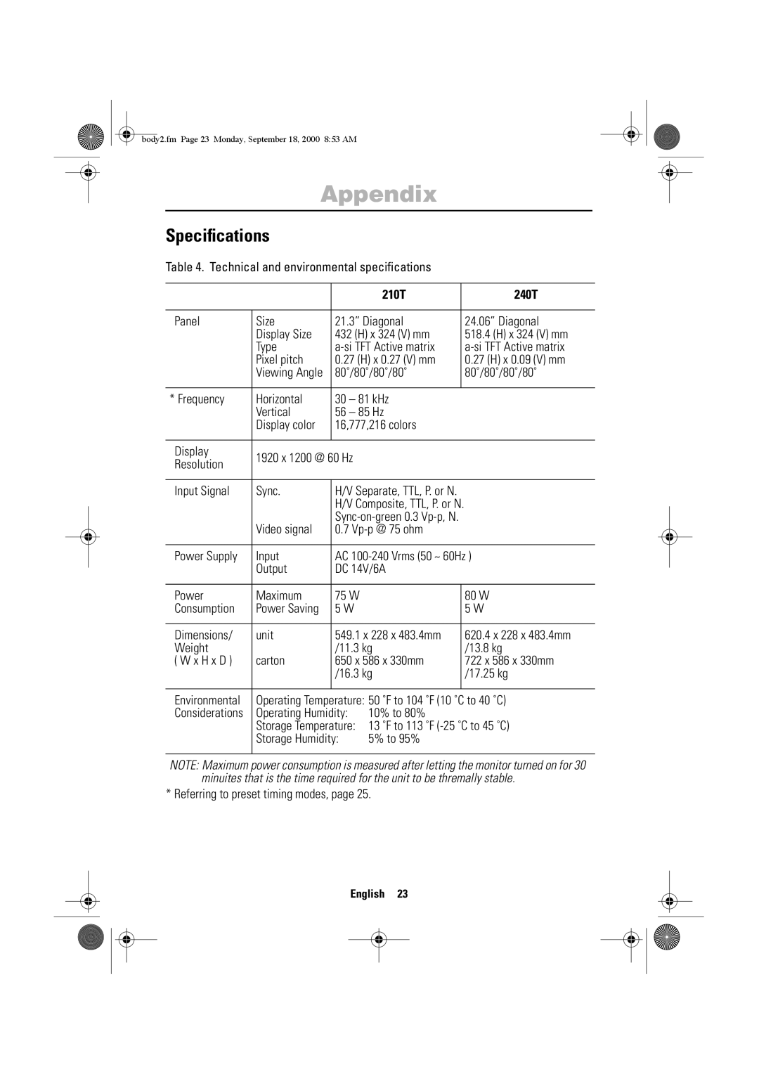 Sharp manual Speciﬁcations, 210T 240T 