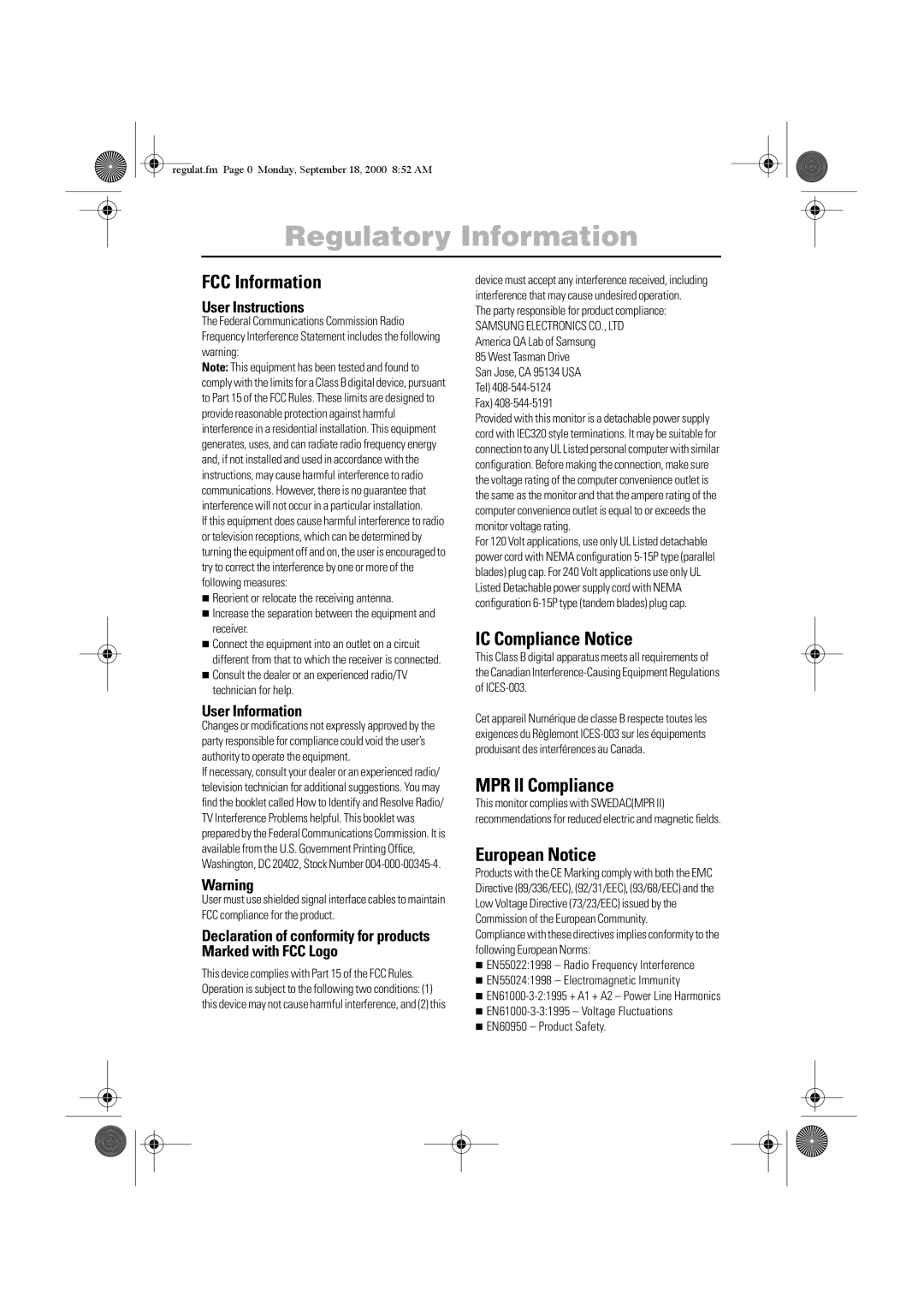 Sharp 210T, 240T manual Regulatory Information, User Instructions, User Information 