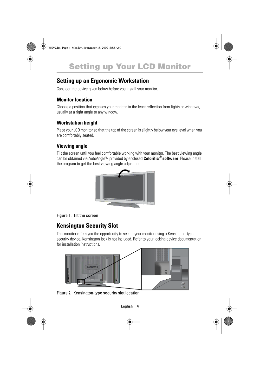 Sharp 240T, 210T manual Setting up Your LCD Monitor, Setting up an Ergonomic Workstation, Kensington Security Slot 