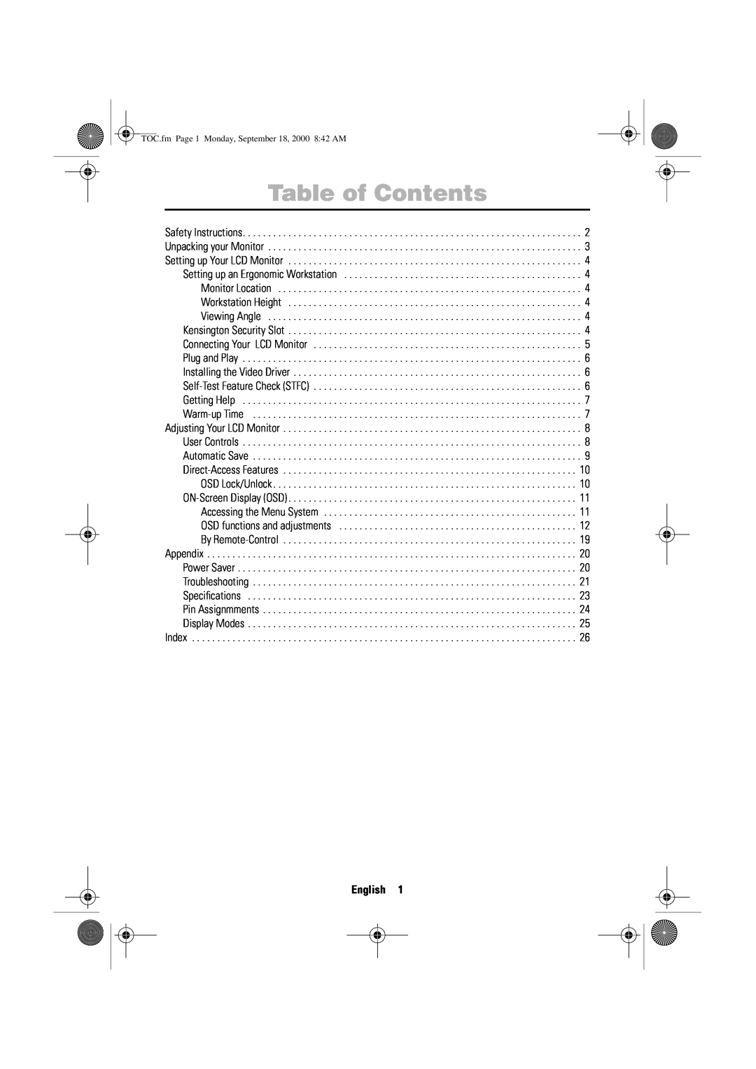 Sharp 210T Table of Contents, English, Portu- Italiano Español Deutsch Français, Workstation Height, Monitor Location 