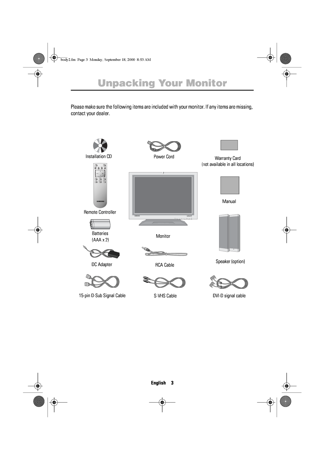 Sharp 210T Unpacking Your Monitor, Deutsch Français, Portuguese Italiano Español, English, Power Cord, Manual Monitor 