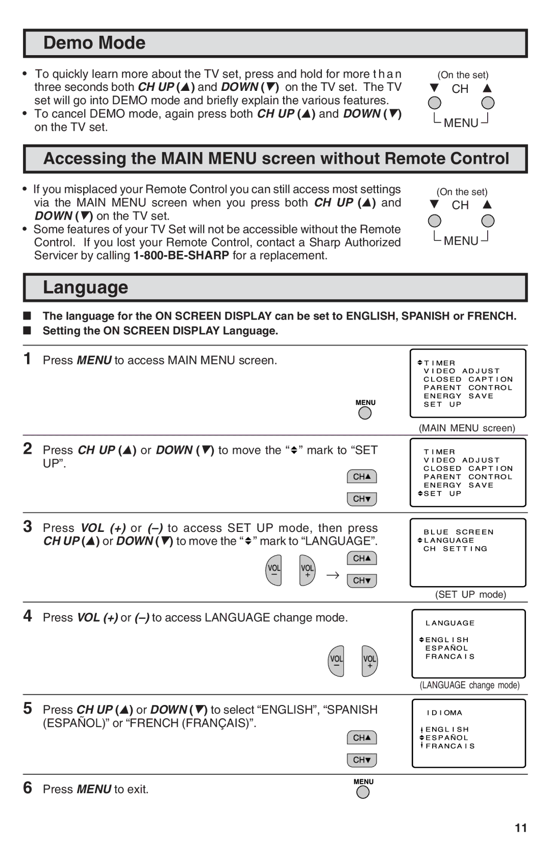 Sharp 25N-M100 warranty Demo Mode, Language 