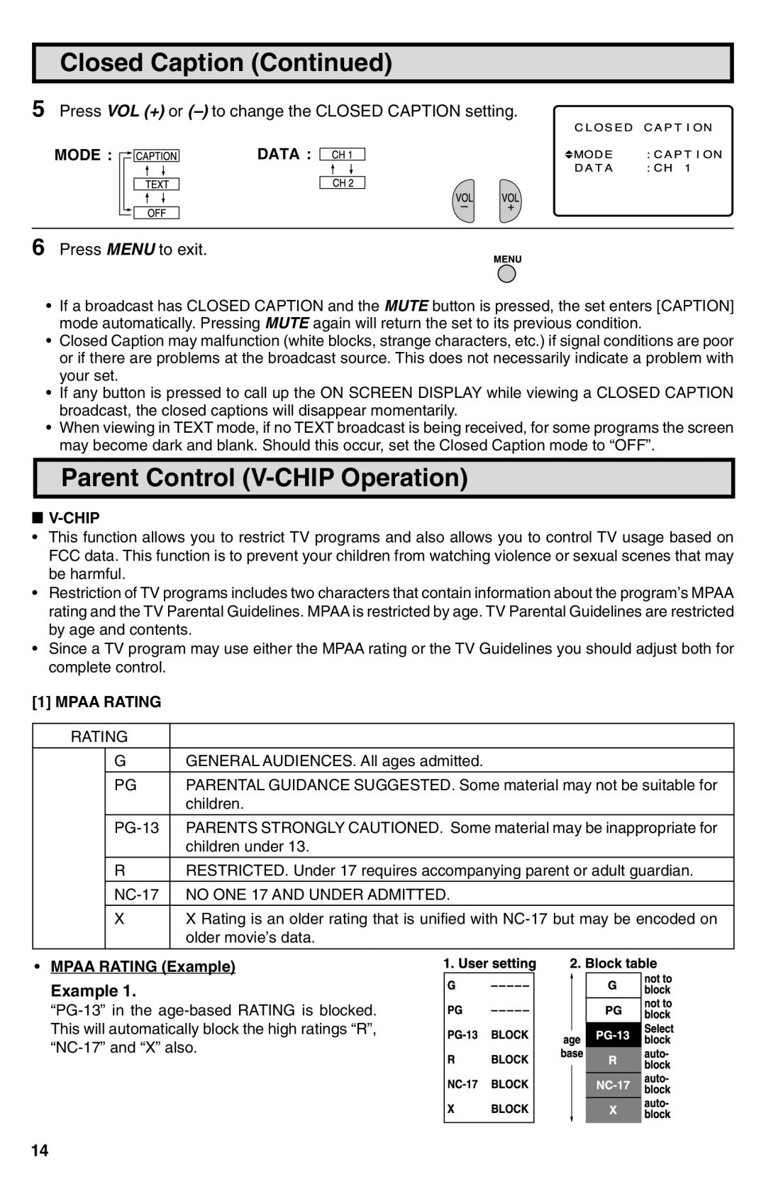 Sharp 25N-M100 warranty Parent Control V-CHIP Operation, Mode Data, Chip, Mpaa Rating Example 