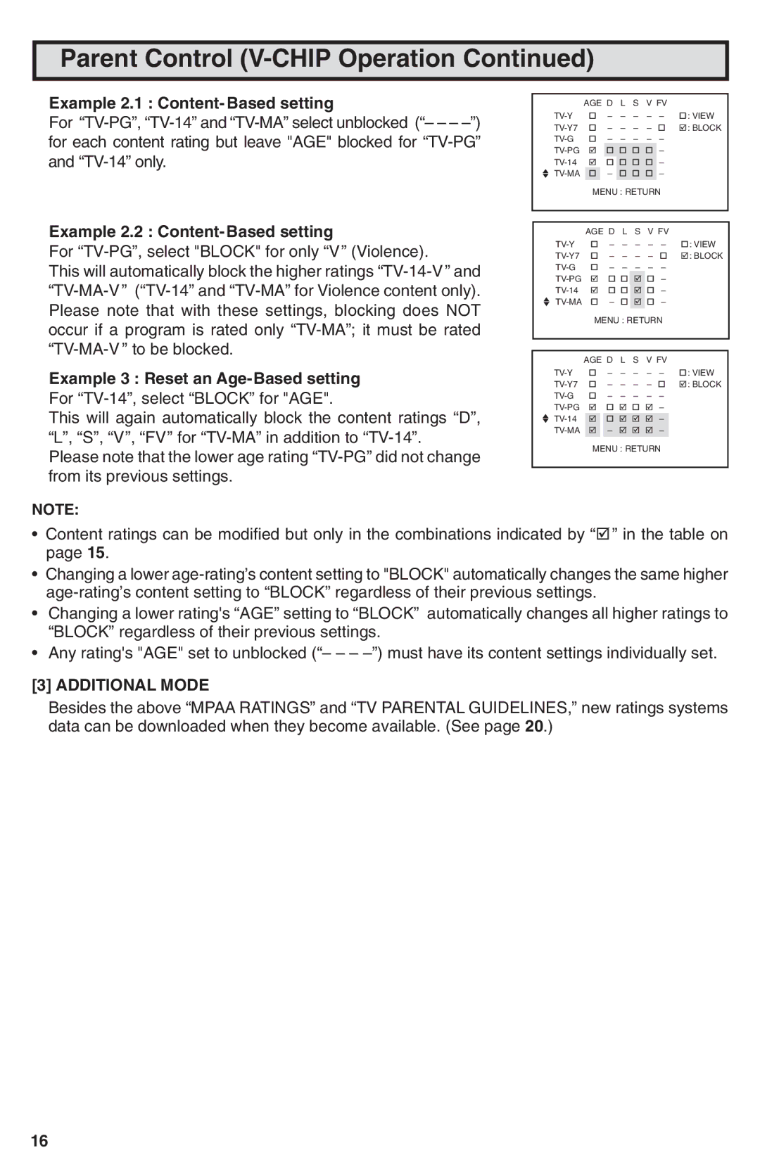 Sharp 25N-M100 Example 2.1 Content- Based setting, Example 2.2 Content-Based setting, Example 3 Reset an Age-Based setting 