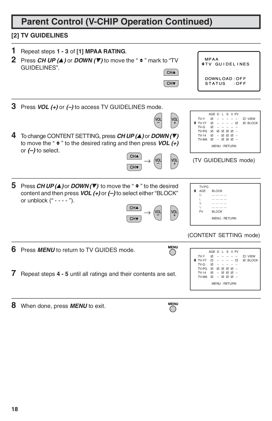 Sharp 25N-M100 warranty TV Guidelines, Repeat steps 1 3 of 1 Mpaa Rating 