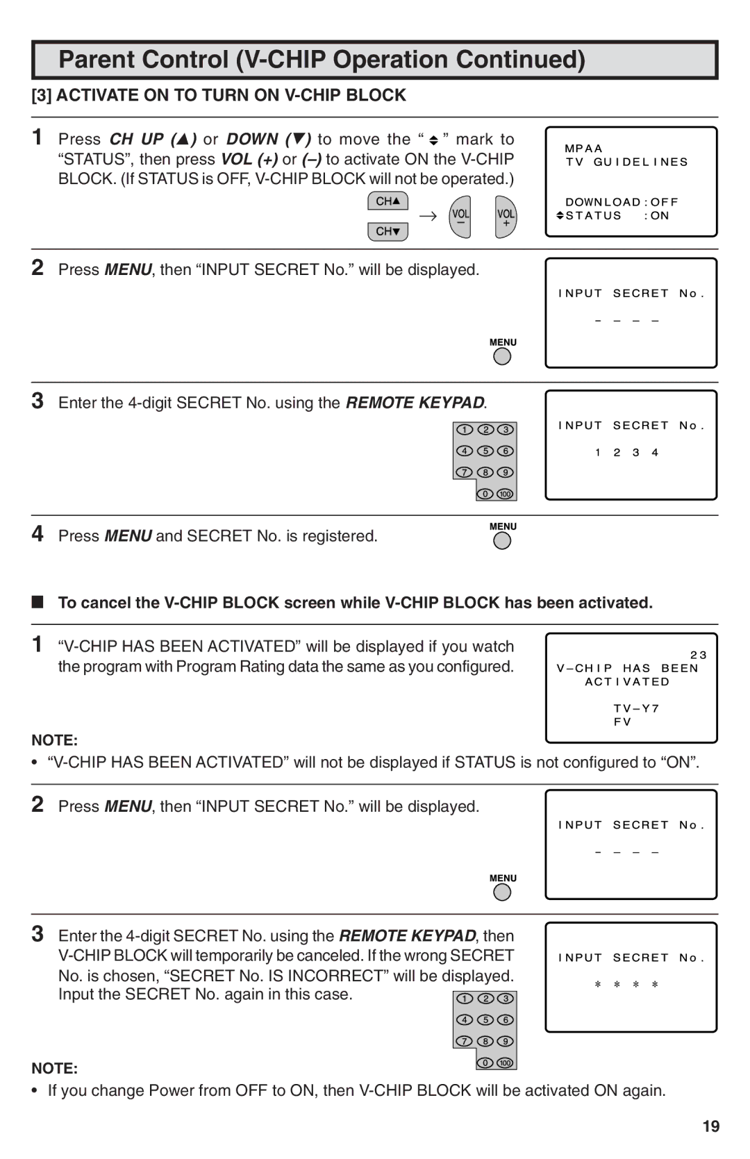 Sharp 25N-M100 warranty Activate on to Turn on V-CHIP Block 