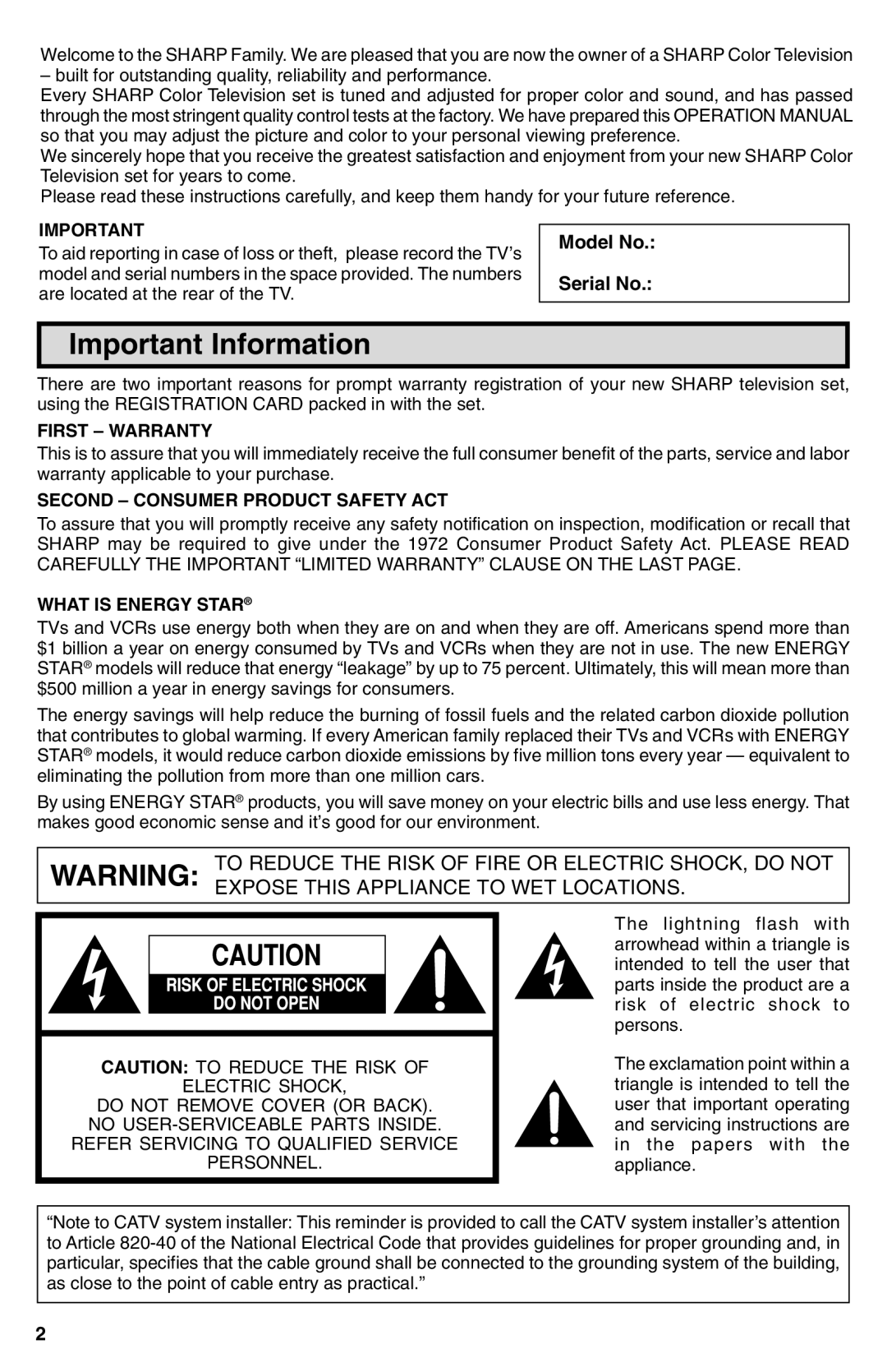 Sharp 25N-M100 warranty Important Information, Model No Serial No, First Warranty, Second Consumer Product Safety ACT 