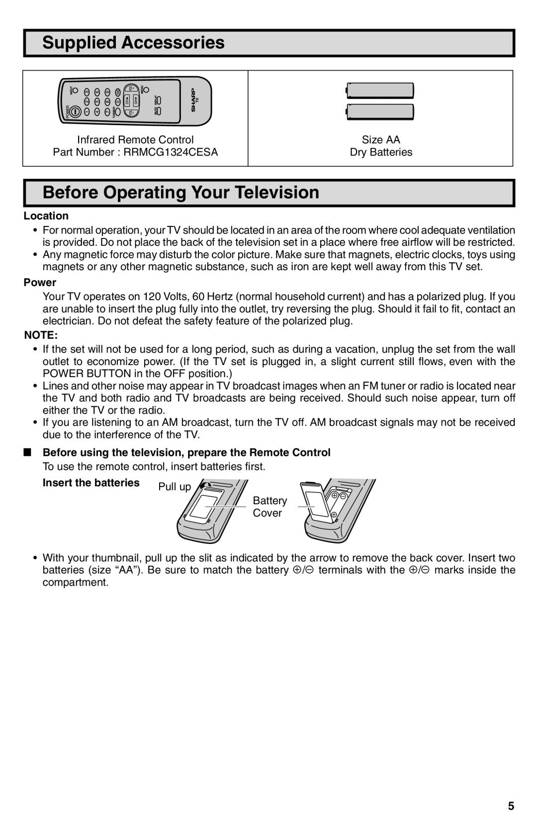 Sharp 25N-M100 warranty Supplied Accessories, Before Operating Your Television, Location, Power 