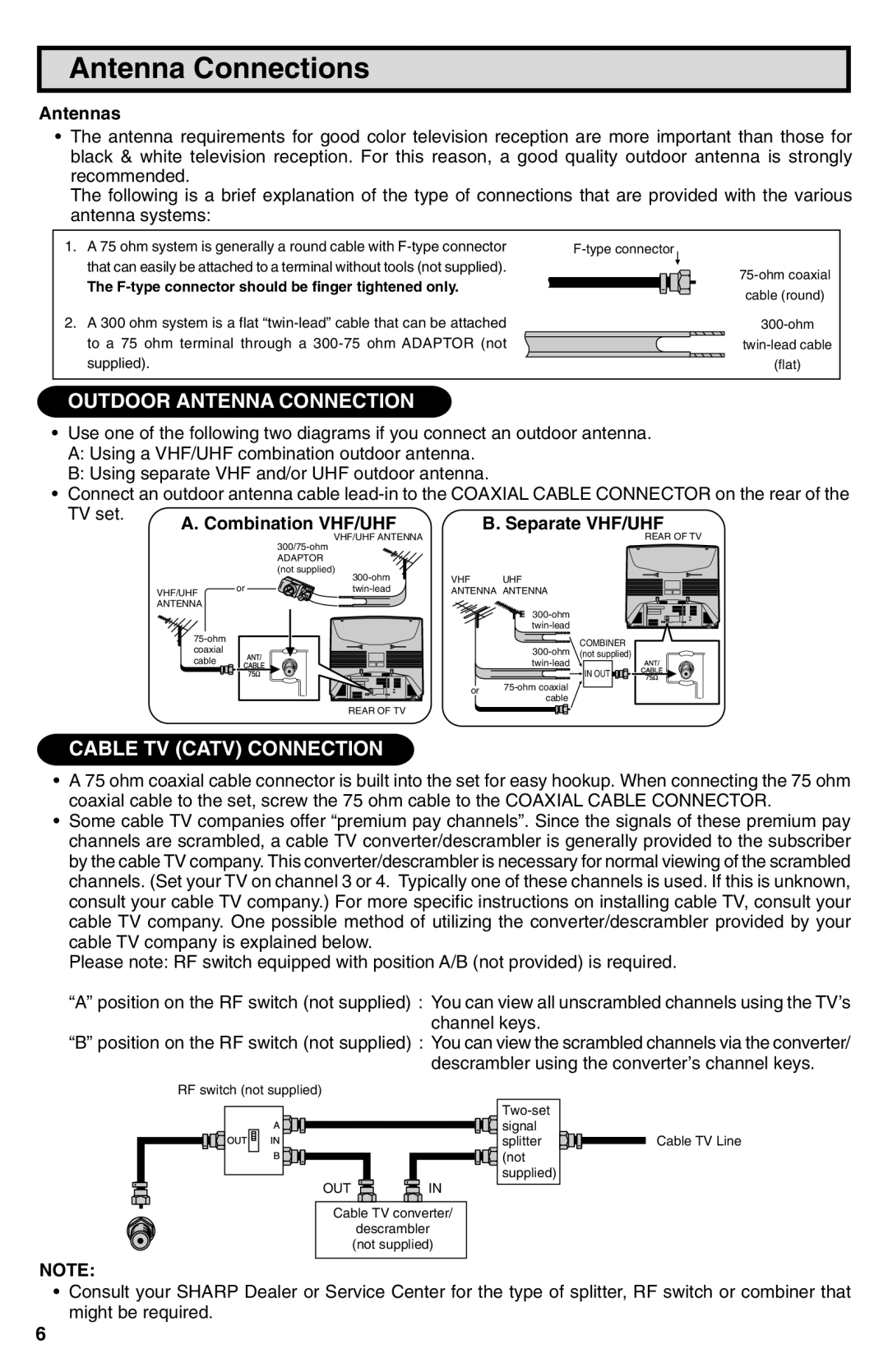 Sharp 25N-M100 warranty Antenna Connections, Antennas 