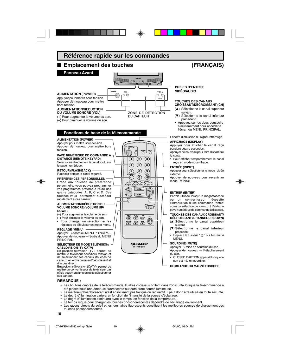 Sharp 25N M180 warranty Référence rapide sur les commandes, Remarque 