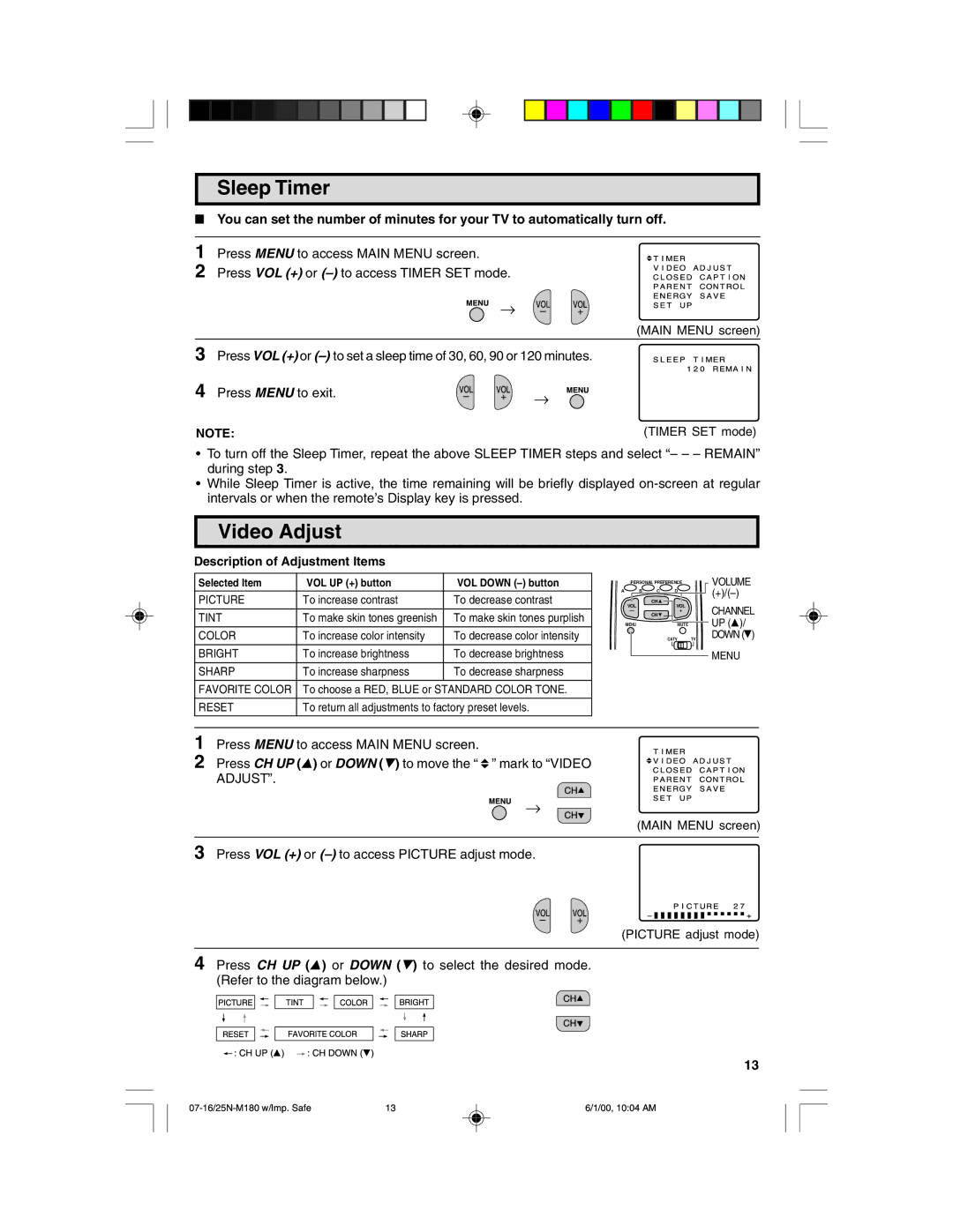 Sharp 25N M180 warranty Sleep Timer, Video Adjust, Description of Adjustment Items 