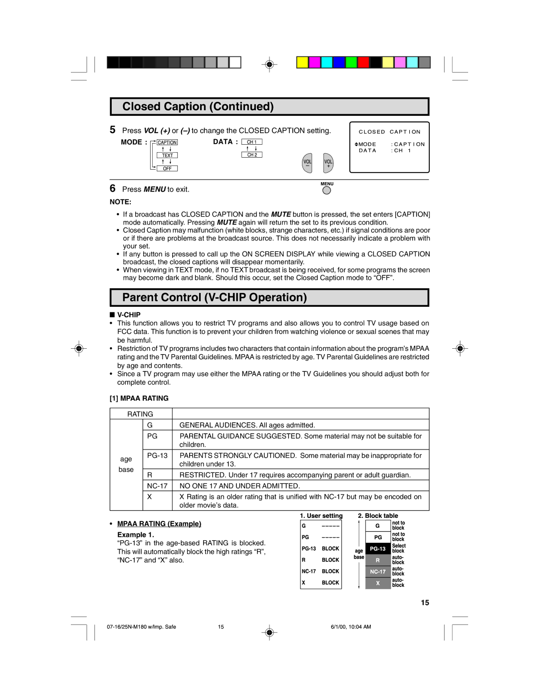 Sharp 25N M180 warranty Parent Control V-CHIP Operation, Mode Data, Chip, Mpaa Rating Example 