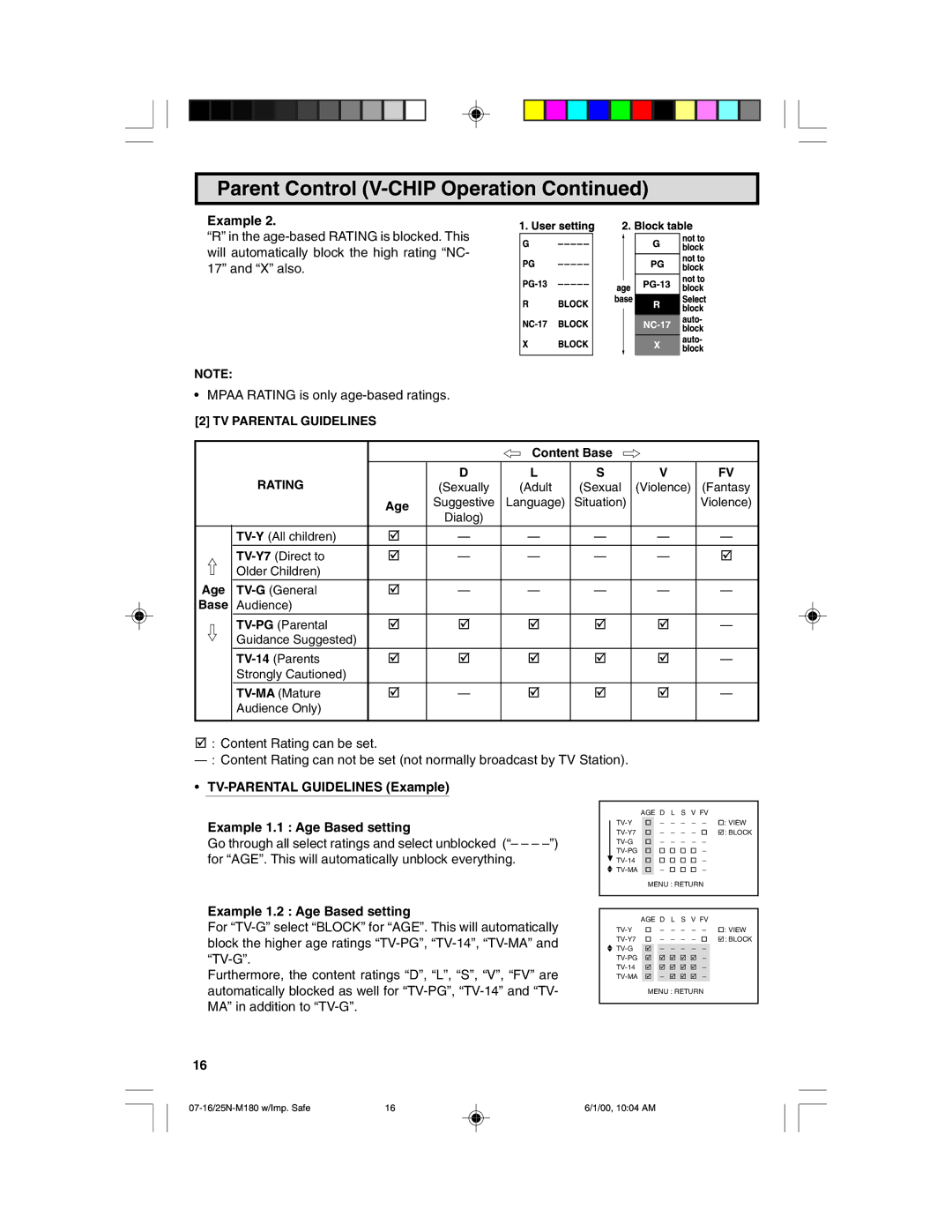 Sharp 25N M180 warranty TV Parental Guidelines, Rating 