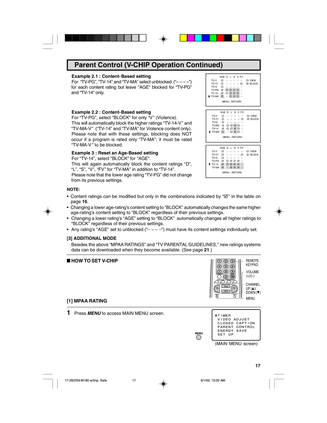 Sharp 25N M180 Example 2.1 Content- Based setting, Example 2.2 Content-Based setting, Example 3 Reset an Age-Based setting 