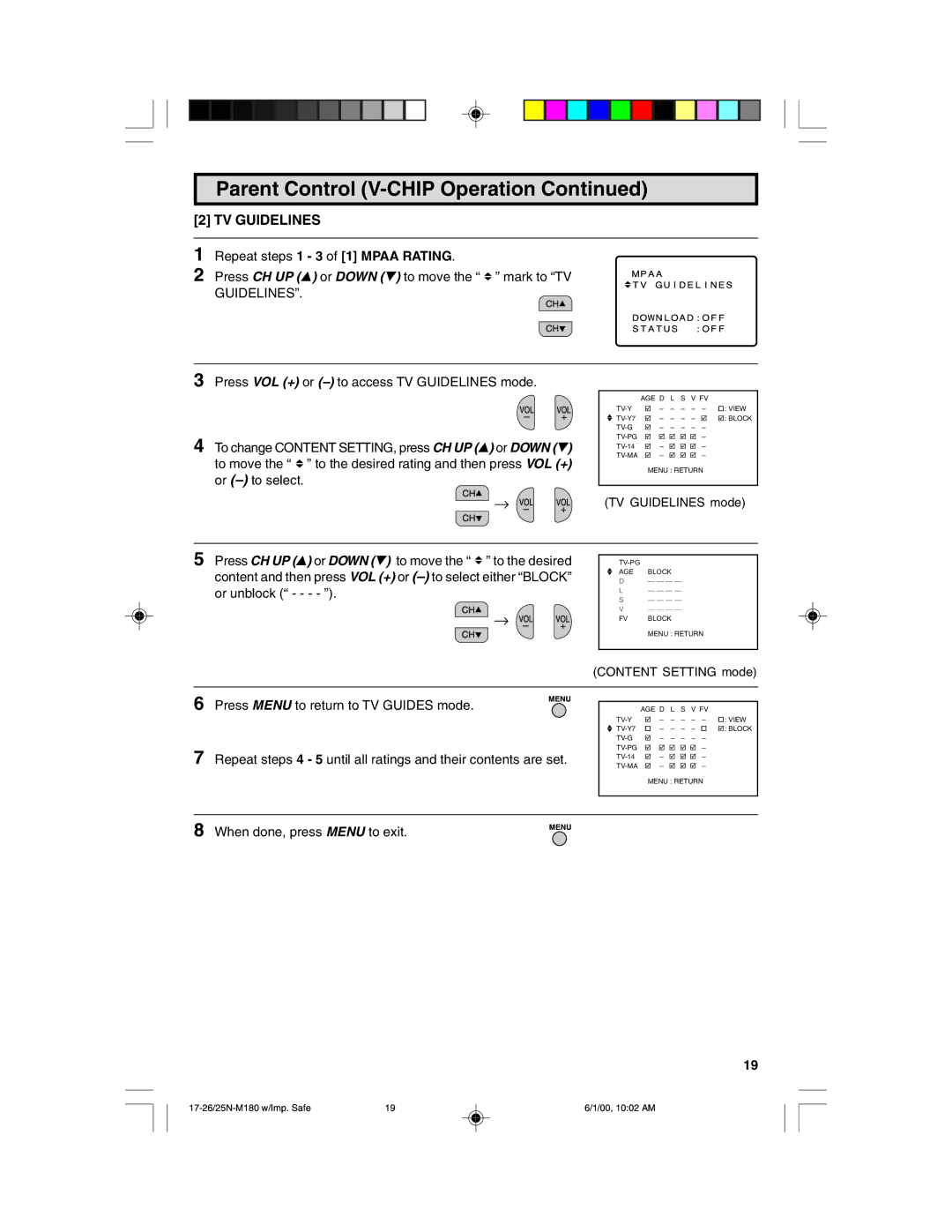 Sharp 25N M180 warranty TV Guidelines, Repeat steps 1 3 of 1 Mpaa Rating 