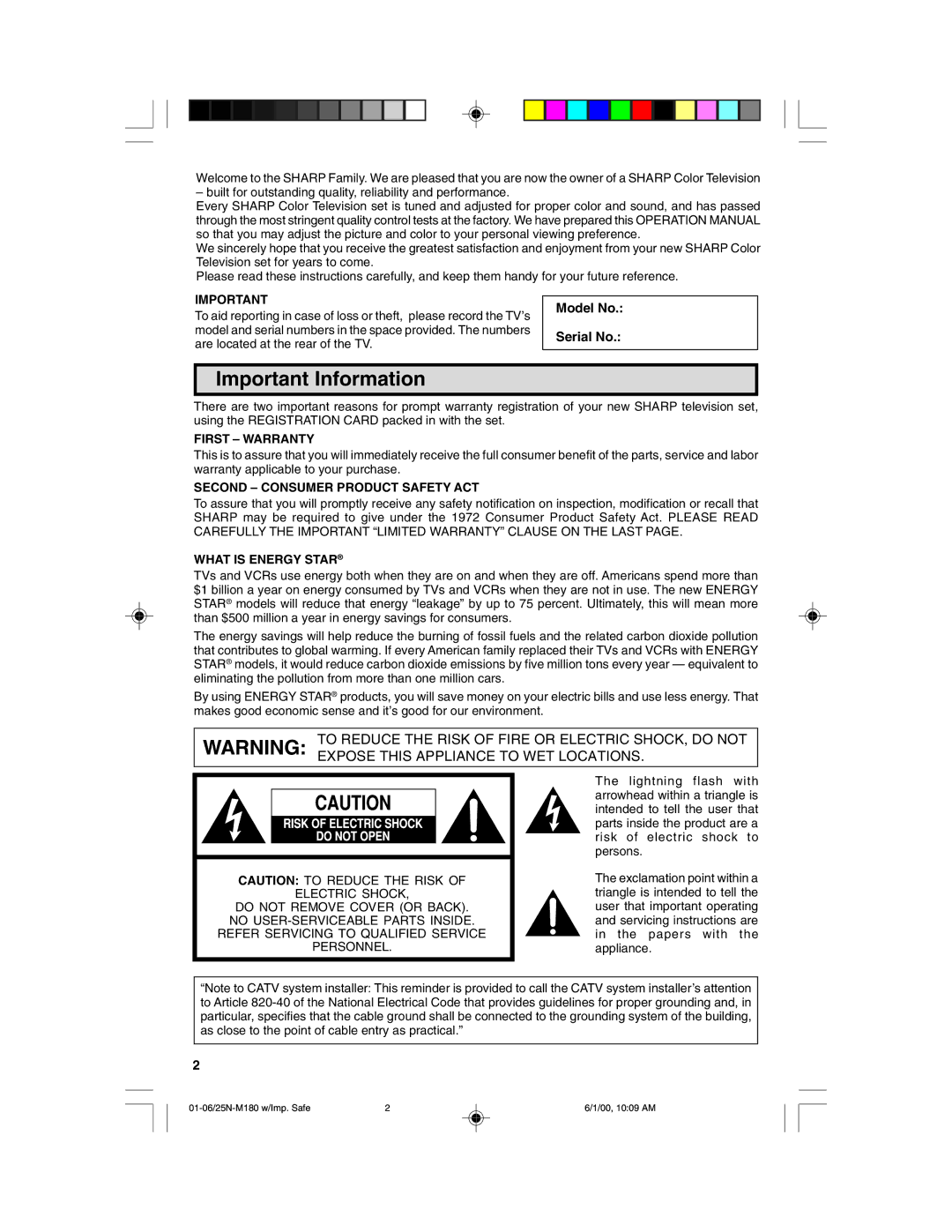 Sharp 25N M180 warranty Important Information, Model No Serial No, First Warranty, Second Consumer Product Safety ACT 