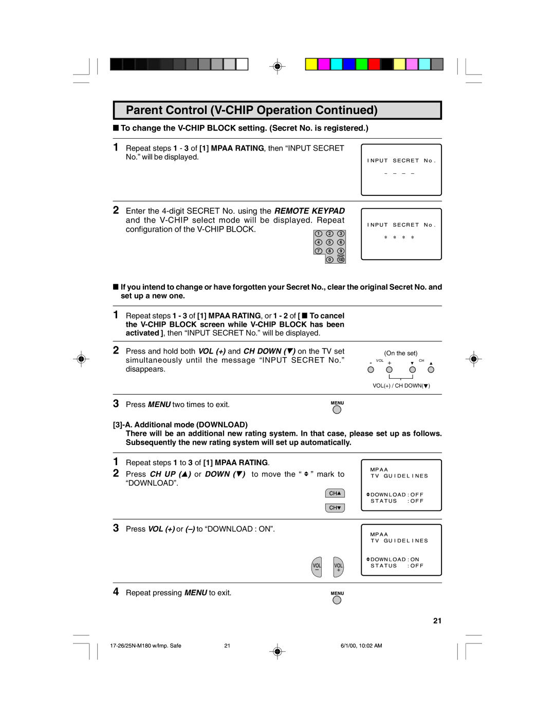 Sharp 25N M180 warranty To change the V-CHIP Block setting. Secret No. is registered 