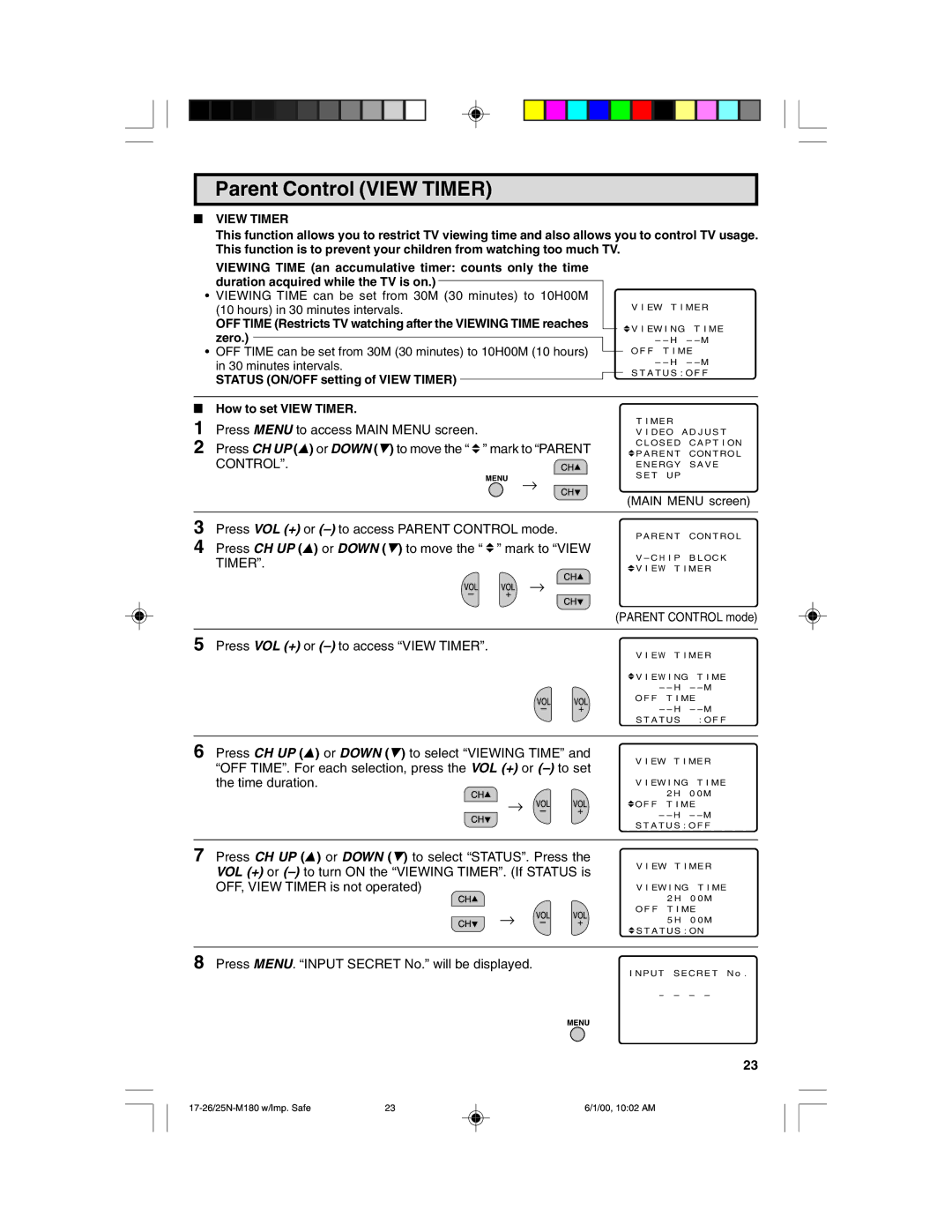 Sharp 25N M180 warranty Parent Control View Timer, Status ON/OFF setting of View Timer, How to set View Timer 