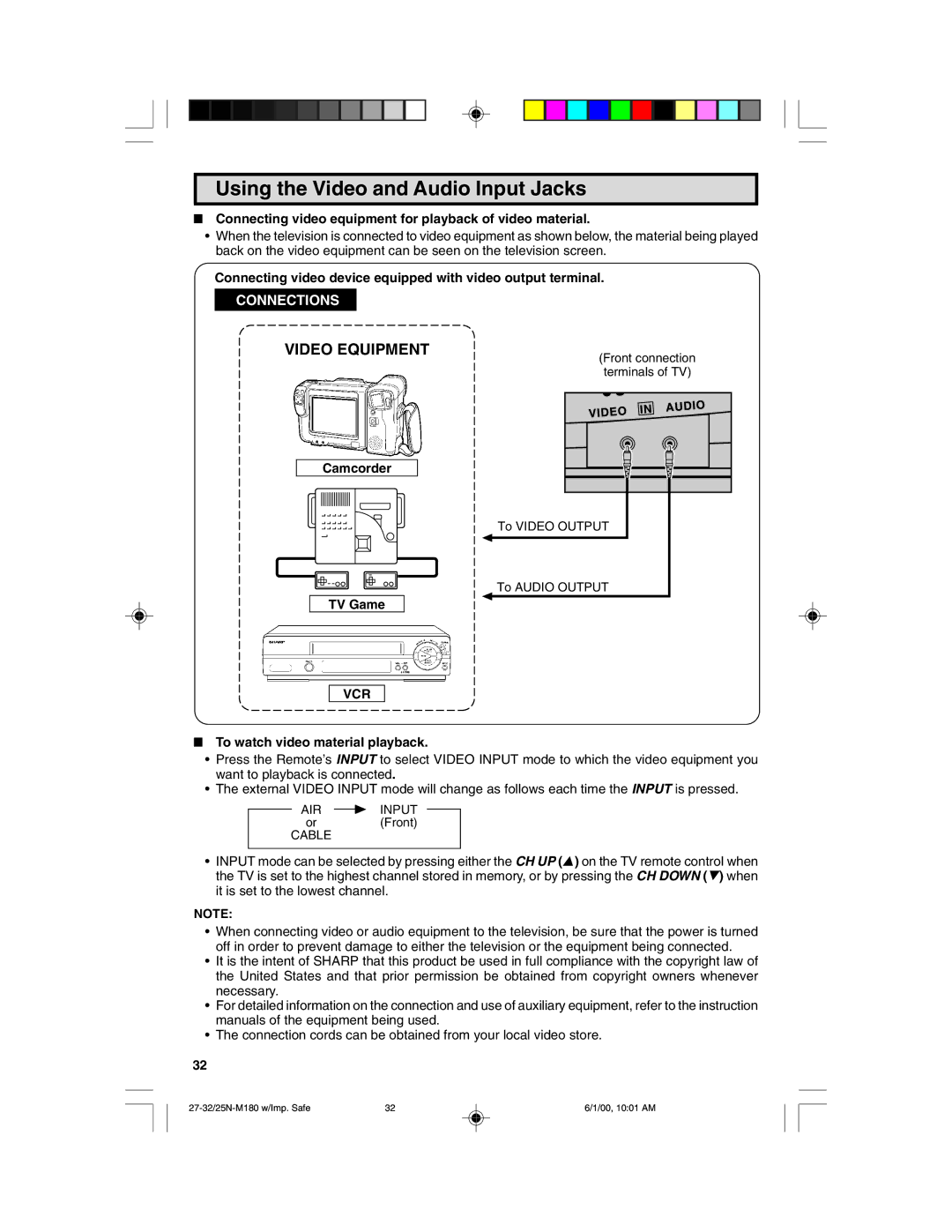 Sharp 25N M180 warranty Using the Video and Audio Input Jacks, Vcr 