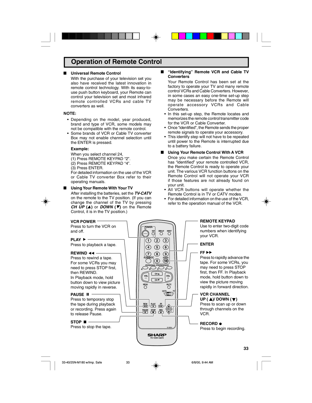 Sharp 25N M180 warranty Operation of Remote Control 