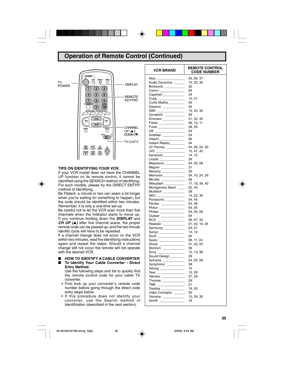 Sharp 25N M180 warranty Tips on Identifying Your VCR, VCR Brand Remote Control Code Number 