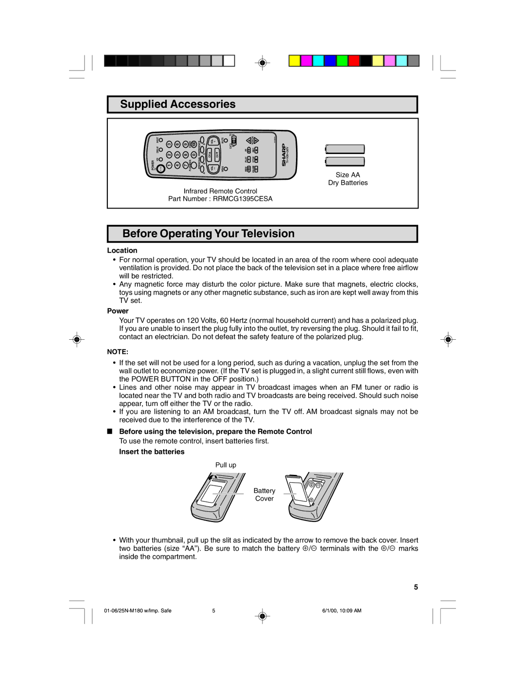 Sharp 25N M180 warranty Supplied Accessories, Before Operating Your Television, Location, Power 