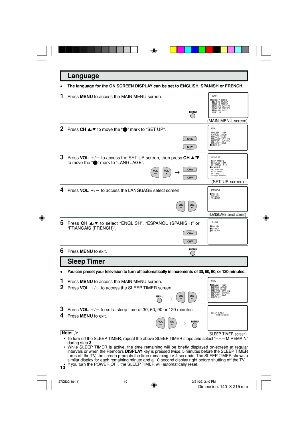 Sharp 27C530 operation manual Language, Sleep Timer 