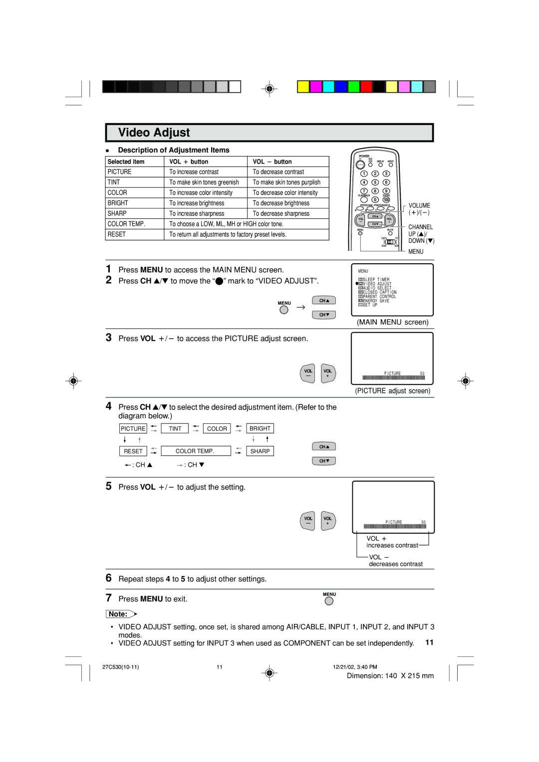 Sharp 27C530 operation manual Video Adjust, Description of Adjustment Items 