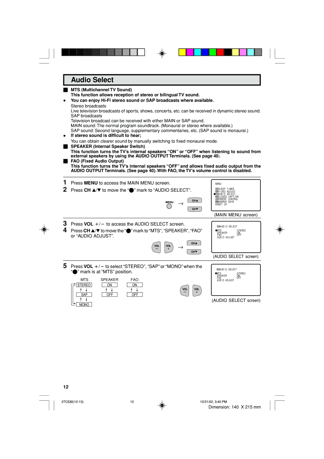 Sharp 27C530 operation manual Audio Select, If stereo sound is difficult to hear 