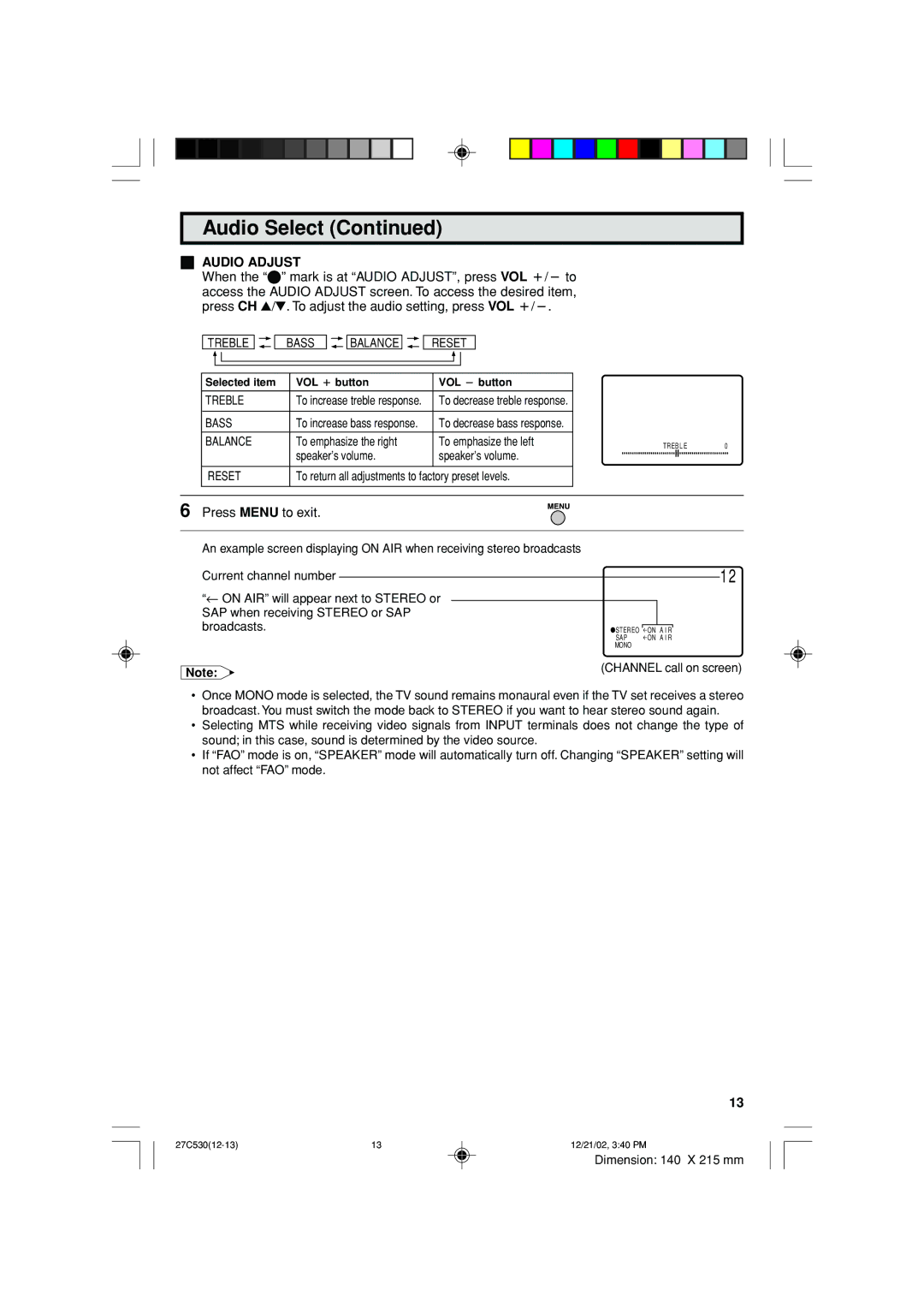 Sharp 27C530 operation manual Audio Adjust 