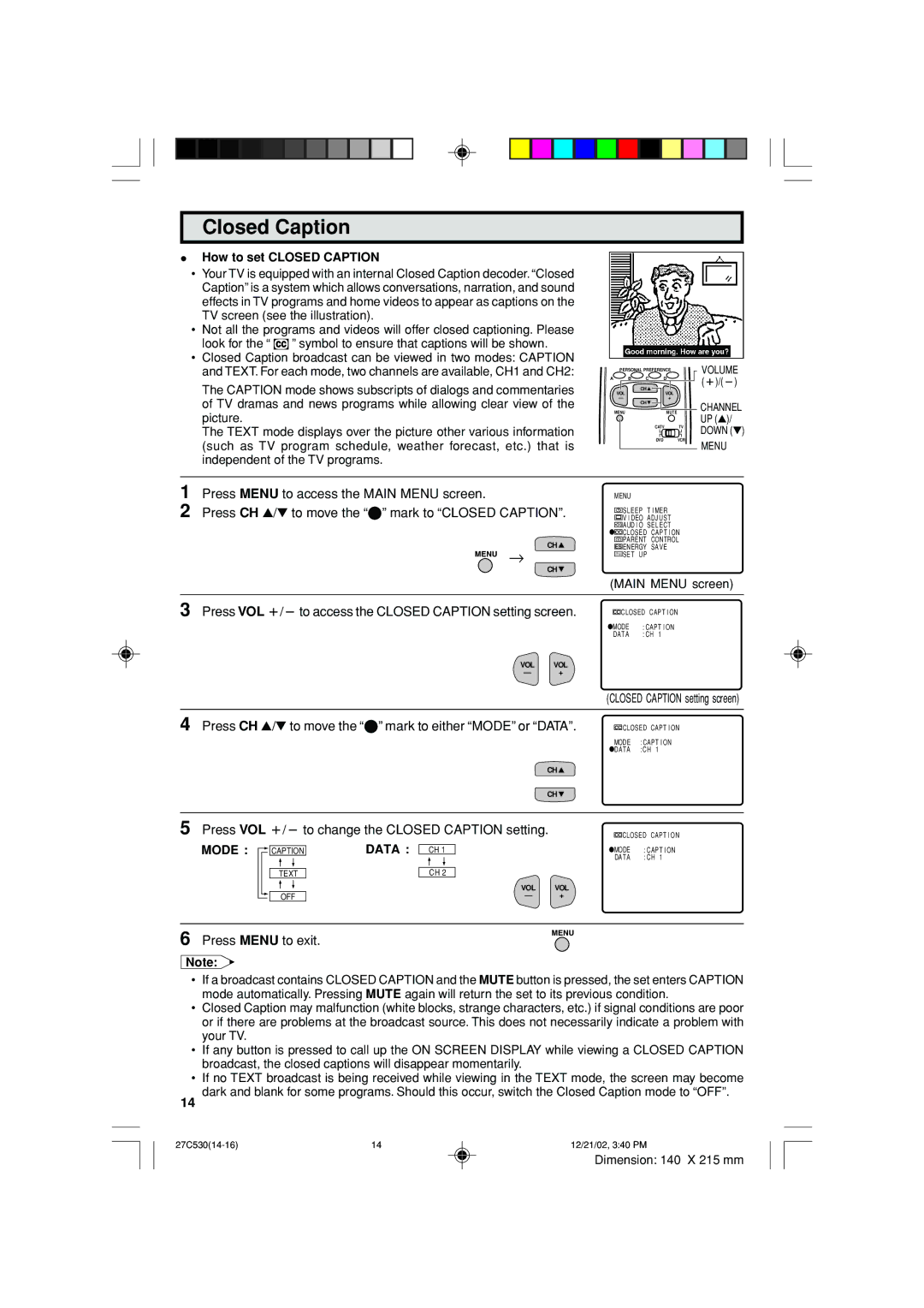 Sharp 27C530 operation manual Closed Caption, Mode Data 