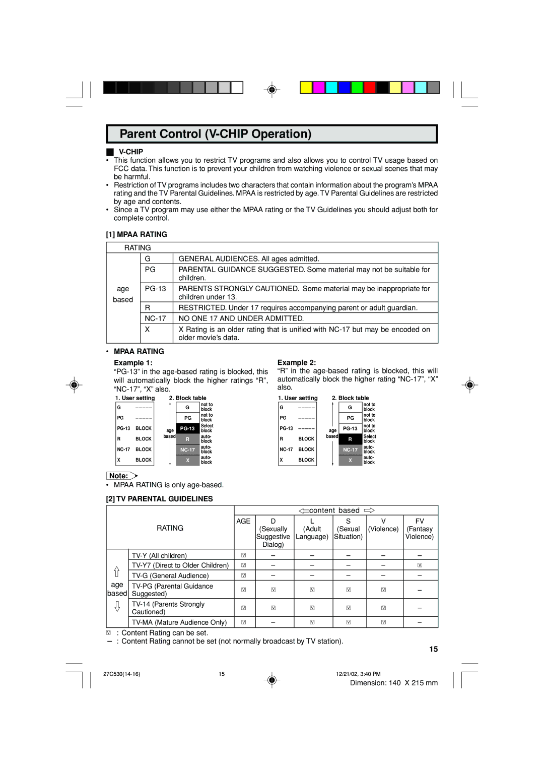 Sharp 27C530 operation manual Parent Control V-CHIP Operation, Chip, Mpaa Rating, TV Parental Guidelines 