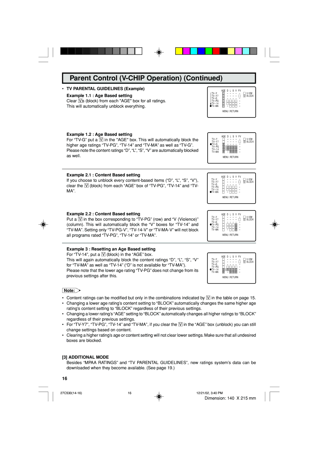 Sharp 27C530 Example 1.2 Age Based setting, Example 2.1 Content Based setting, Example 2.2 Content Based setting 