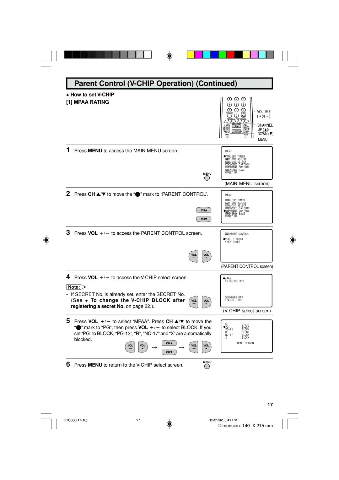 Sharp 27C530 operation manual How to set V-CHIP 1 Mpaa Rating 