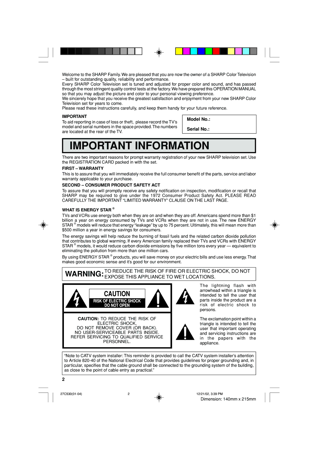 Sharp 27C530 operation manual Model No Serial No, First Warranty, Second Consumer Product Safety ACT, What is Energy Star 