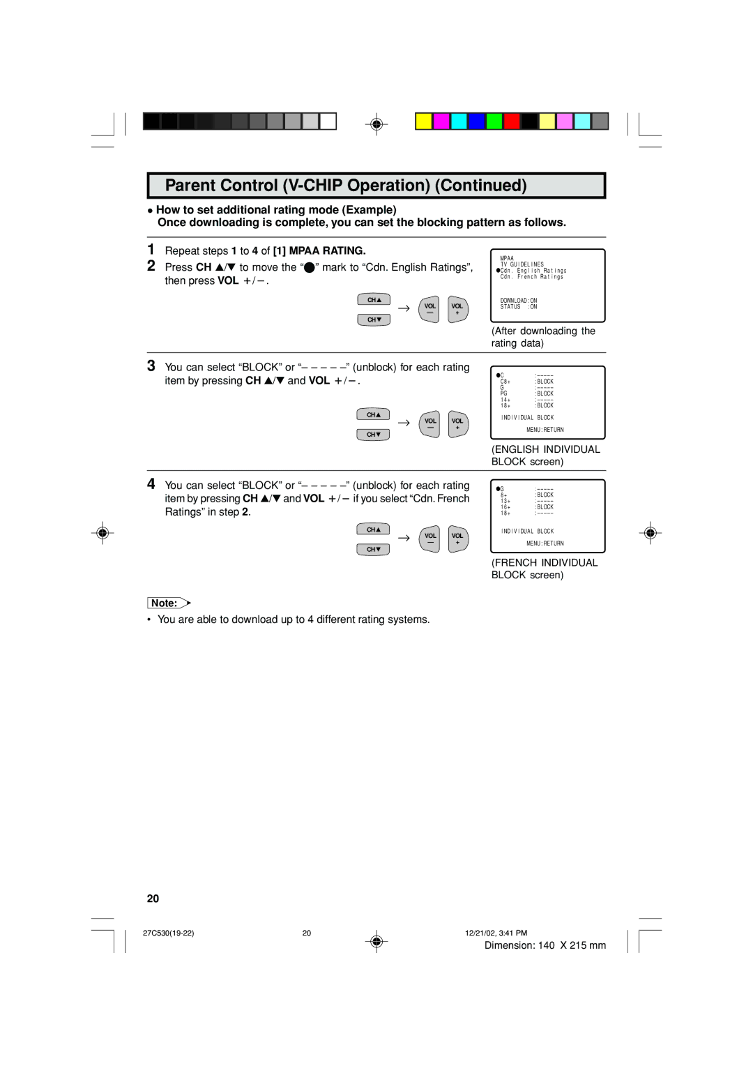 Sharp 27C530 operation manual Repeat steps 1 to 4 of 1 Mpaa Rating 