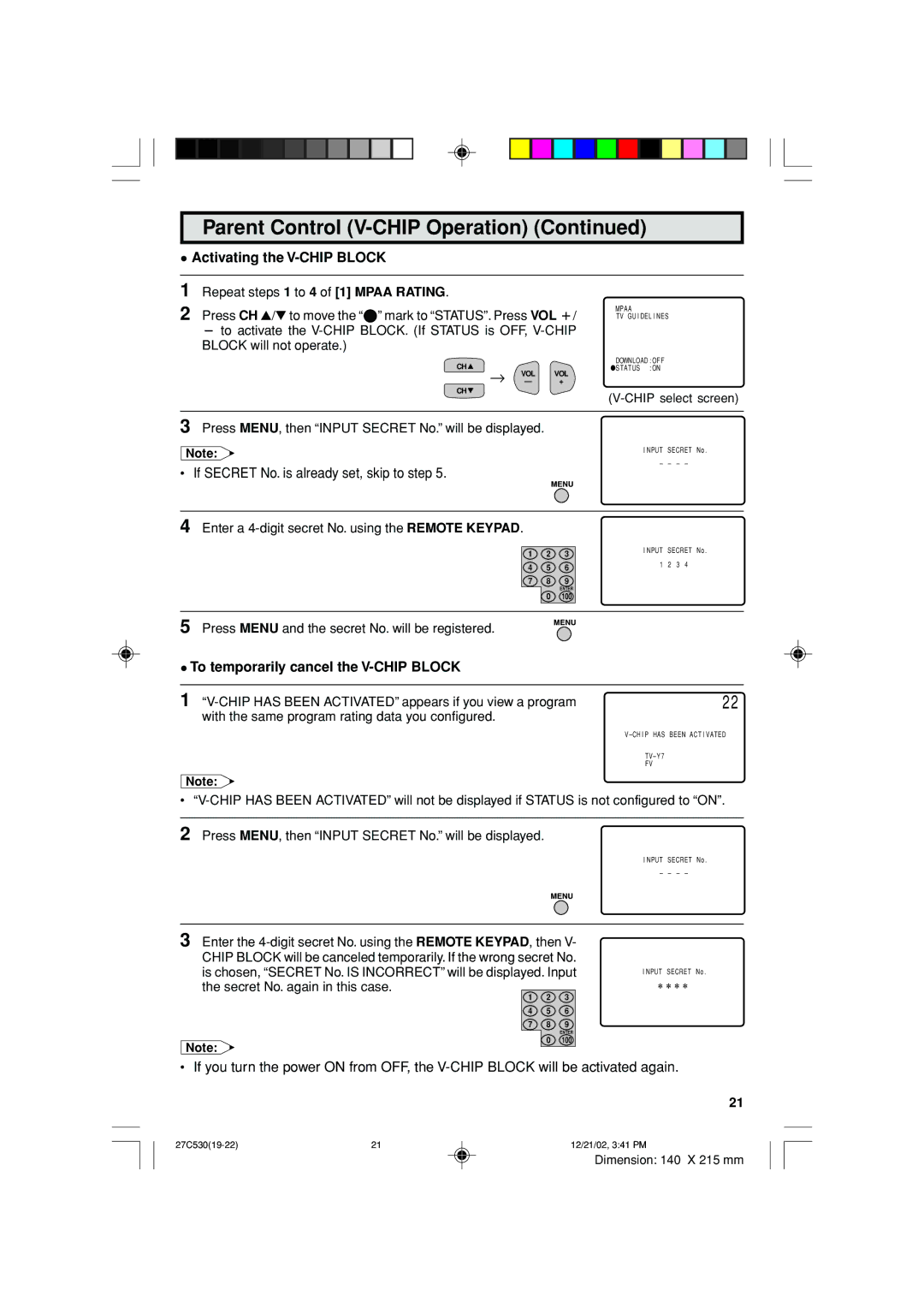 Sharp 27C530 operation manual Activating the V-CHIP Block, Secret No. again in this case 