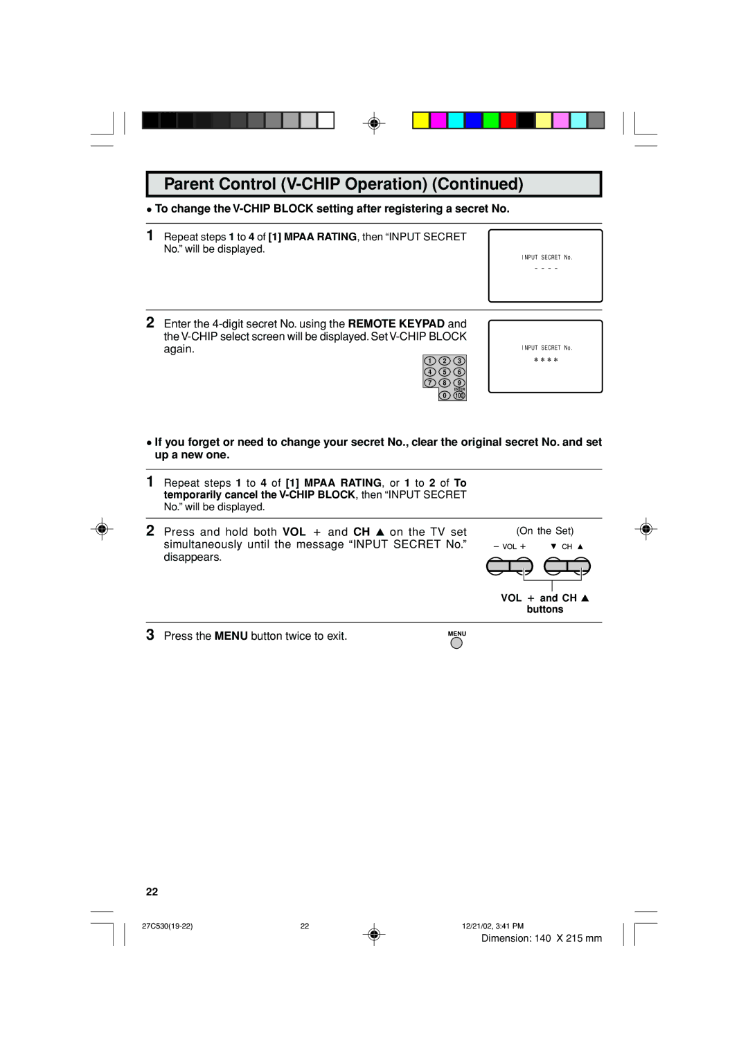 Sharp 27C530 operation manual VOL k and CH a 