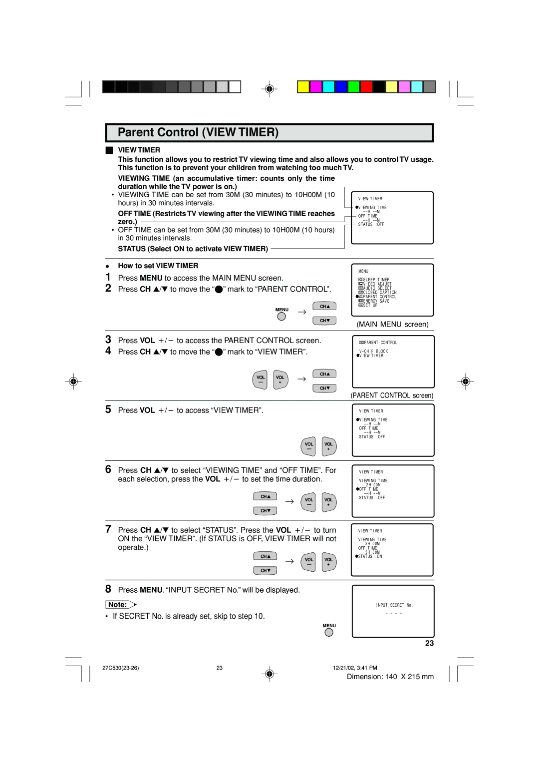 Sharp 27C530 operation manual Parent Control View Timer, Status Select on to activate View Timer, How to set View Timer 