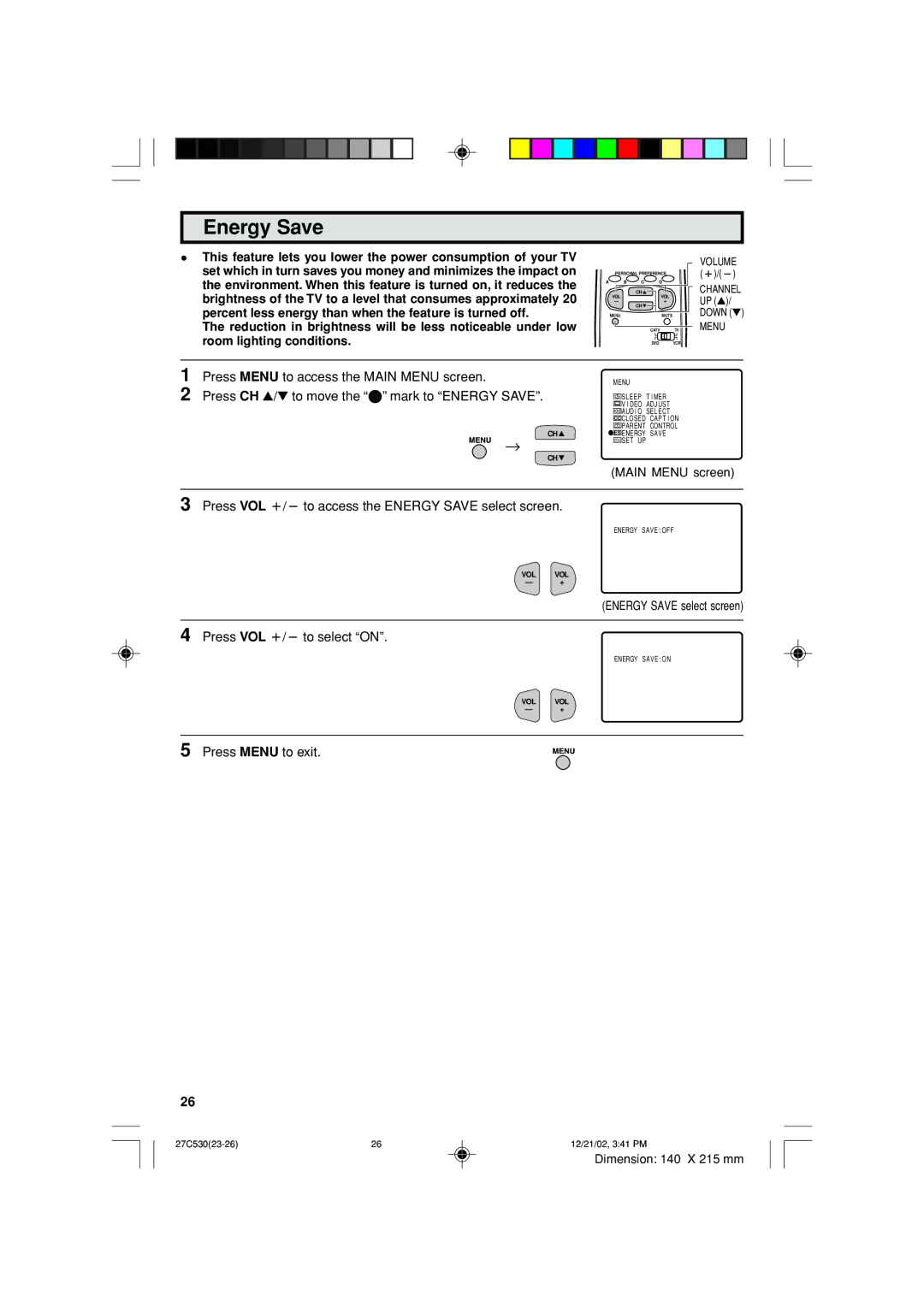 Sharp 27C530 operation manual Energy Save 