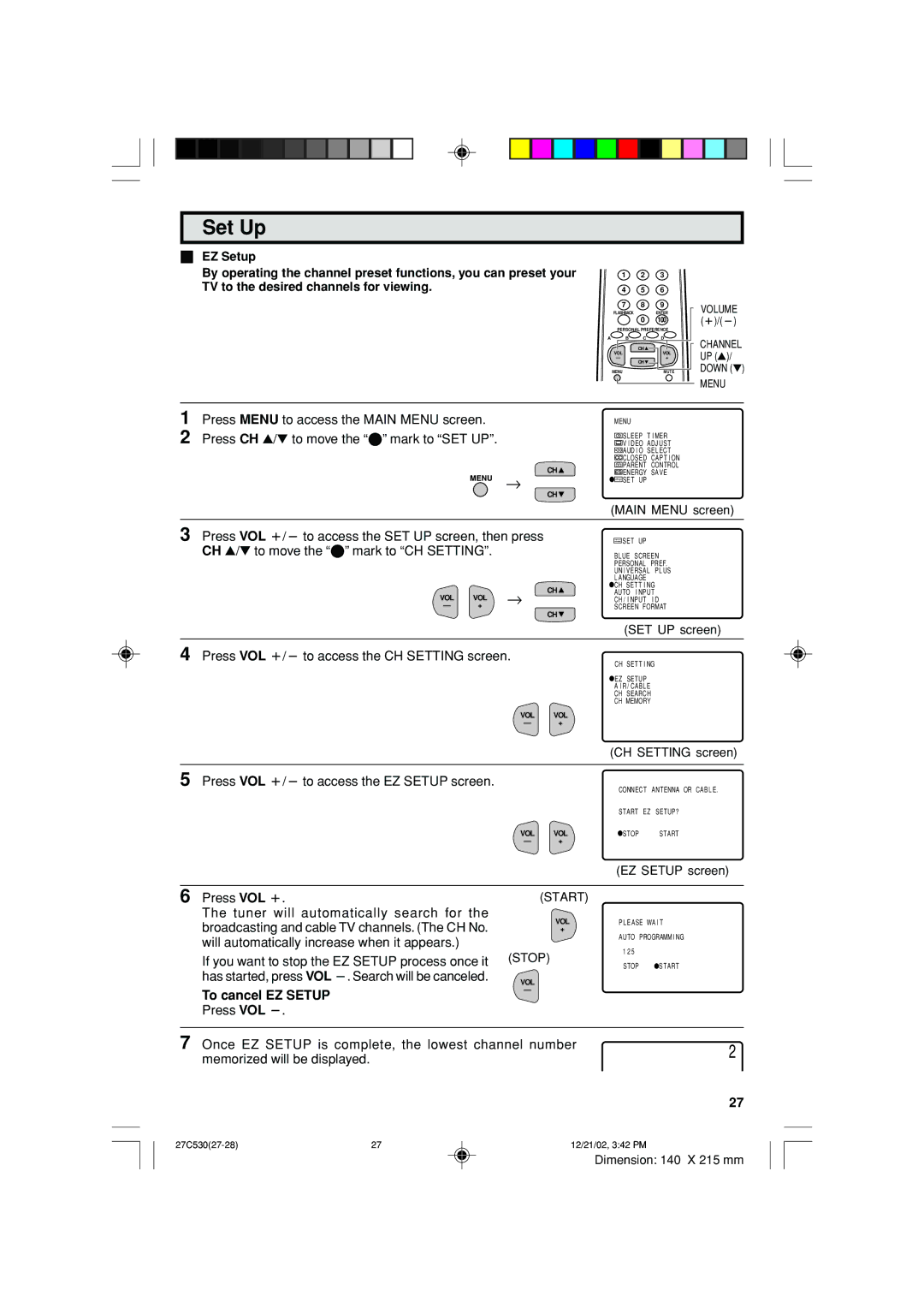 Sharp 27C530 operation manual Set Up, To cancel EZ Setup 