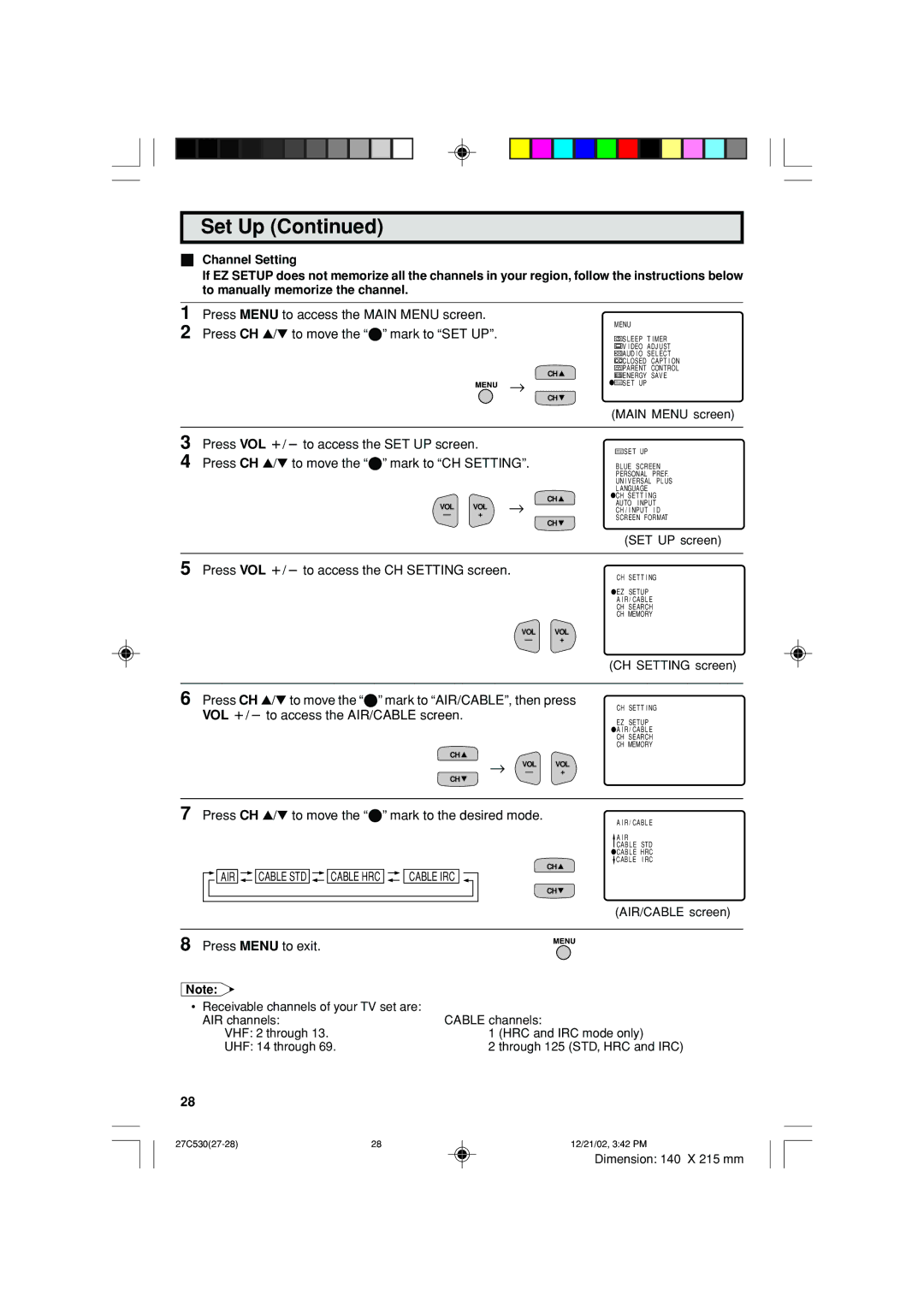 Sharp 27C530 operation manual Press VOL k/lto access the CH Setting screen SET UP screen 