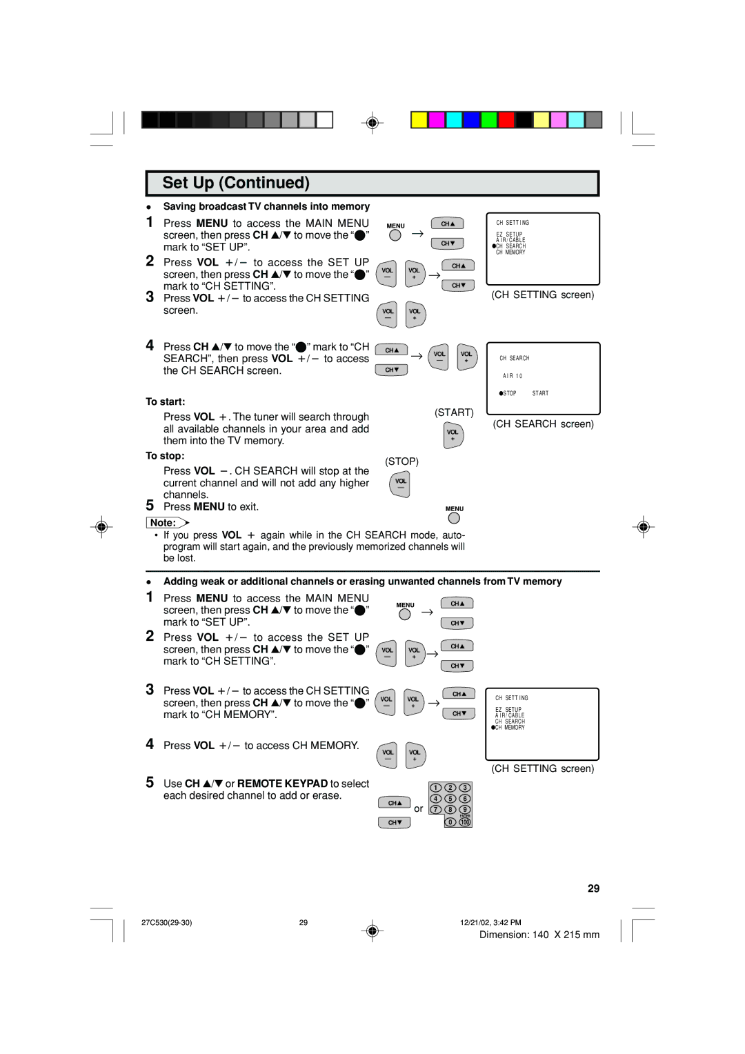 Sharp 27C530 Saving broadcast TV channels into memory, To start, To stop, Screen, then press CH a/ s to move the E 