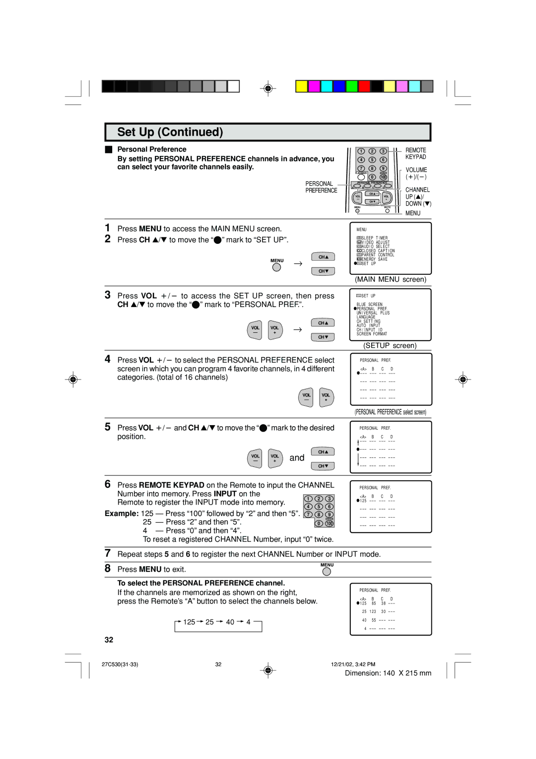 Sharp 27C530 operation manual To select the Personal Preference channel 