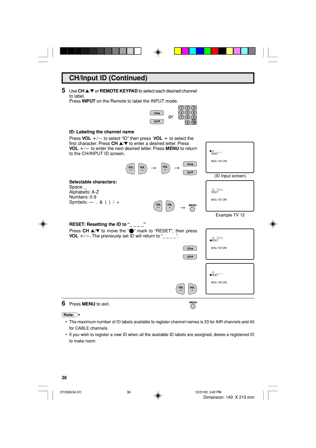 Sharp 27C530 operation manual ID Labeling the channel name, Selectable characters, Reset Resetting the ID to 