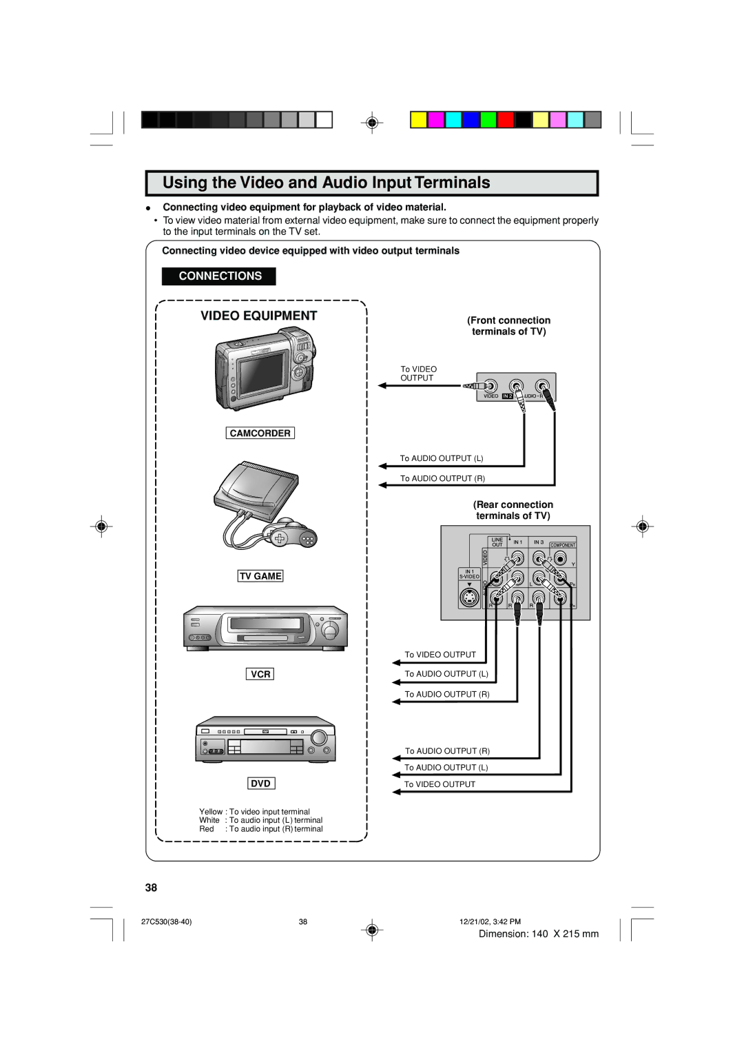 Sharp 27C530 Using the Video and Audio Input Terminals, Connecting video equipment for playback of video material 