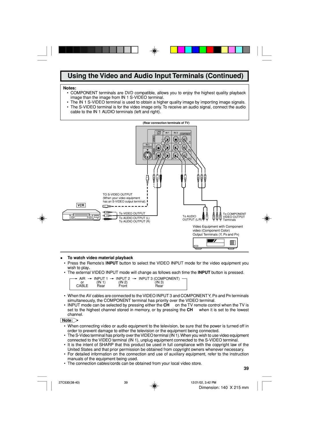 Sharp 27C530 operation manual To watch video material playback, Vcr 