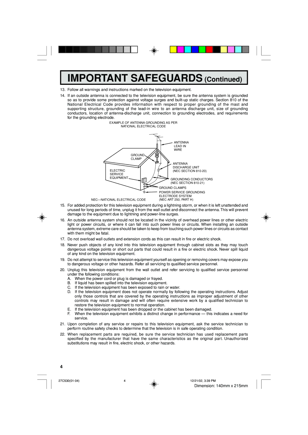 Sharp 27C530 operation manual Important Safeguards 