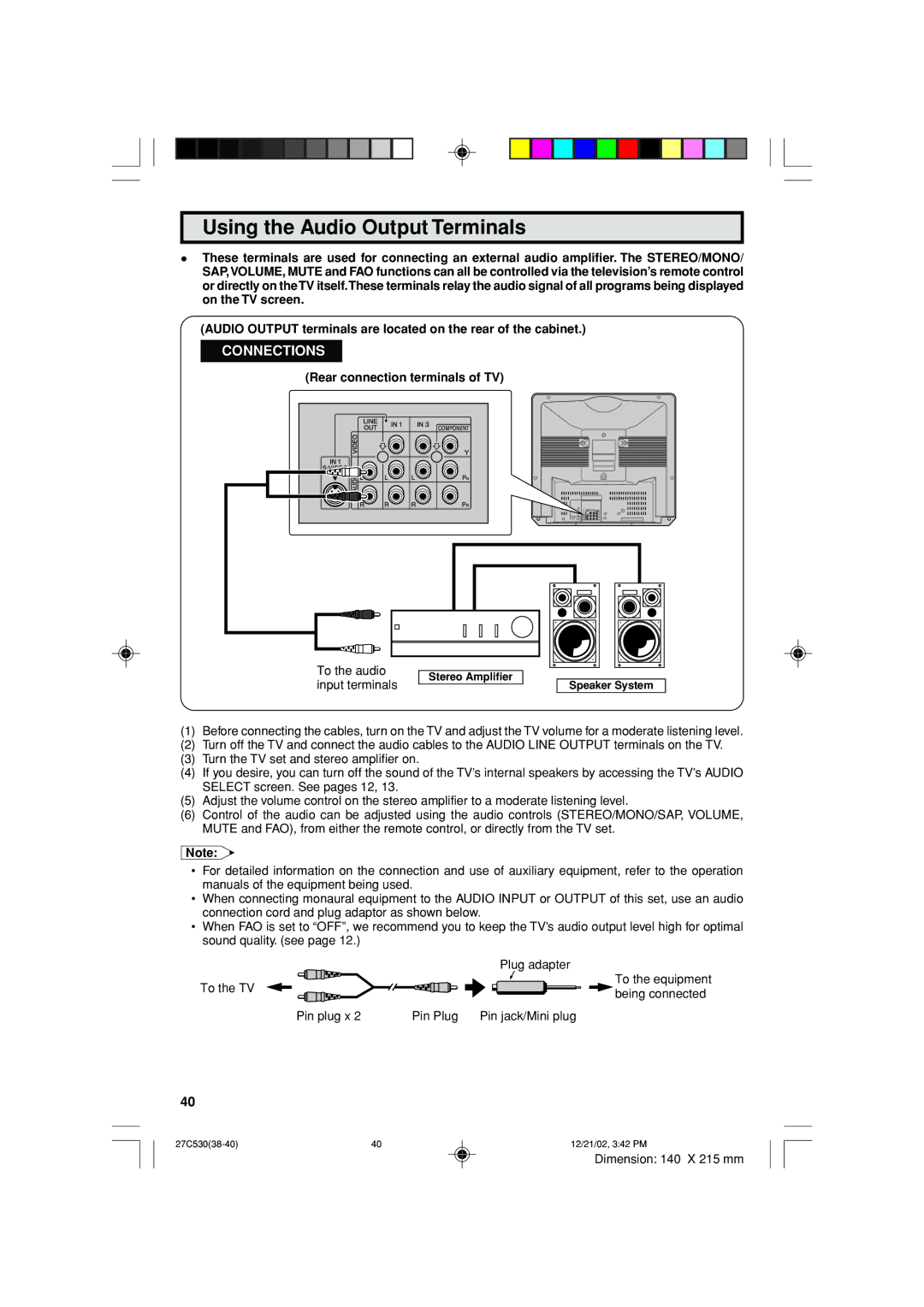 Sharp 27C530 operation manual Using the Audio Output Terminals, Rear connection terminals of TV 